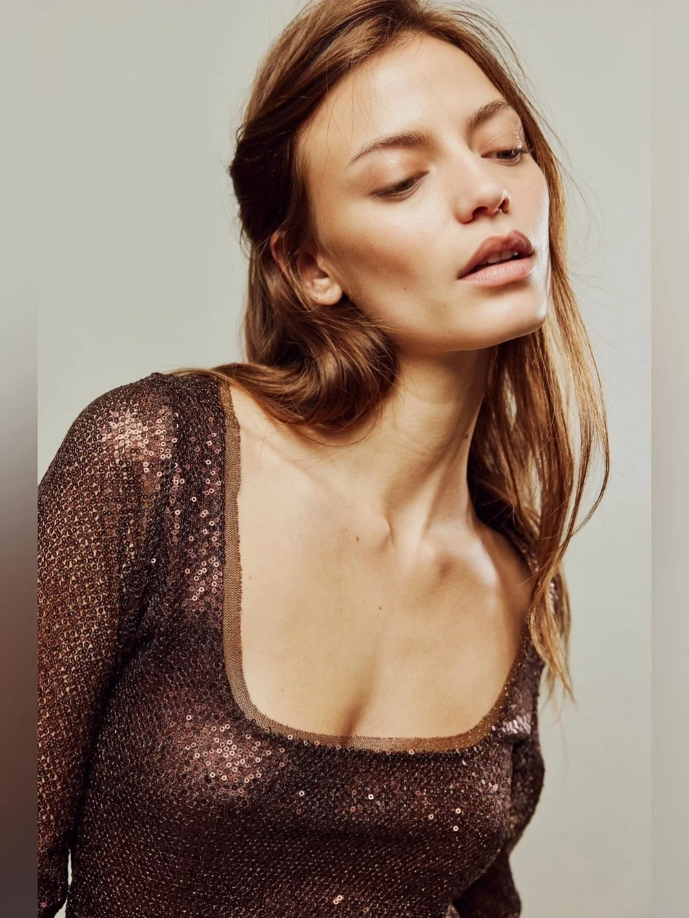 NWT Free People Intimately Late Night Disco Layering Top Sequin Hot Fudge Brown